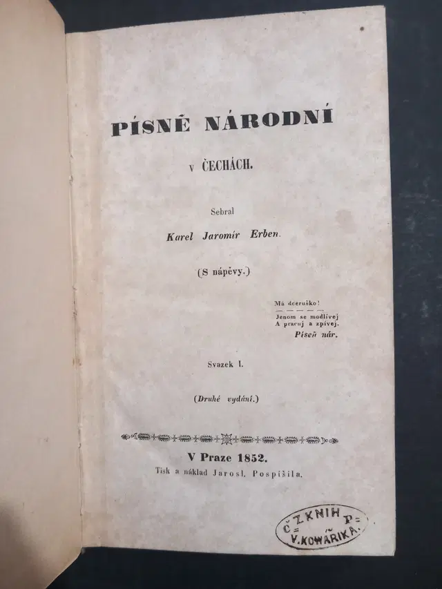 1852 Karel Jaromír Erben – Písně národní v Čechách. Svazek I. (druhé vydání)