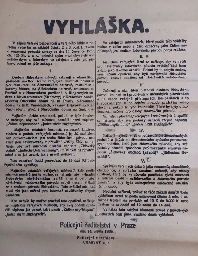 1939 Jewish Persecution Decree for Protectorate Prague establishments