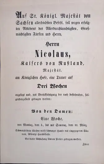 1855 Dresden death notice for Russian Tsar Nicolas I