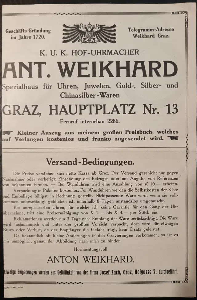 Cenník dvorního hodináře Ant. Weikharda