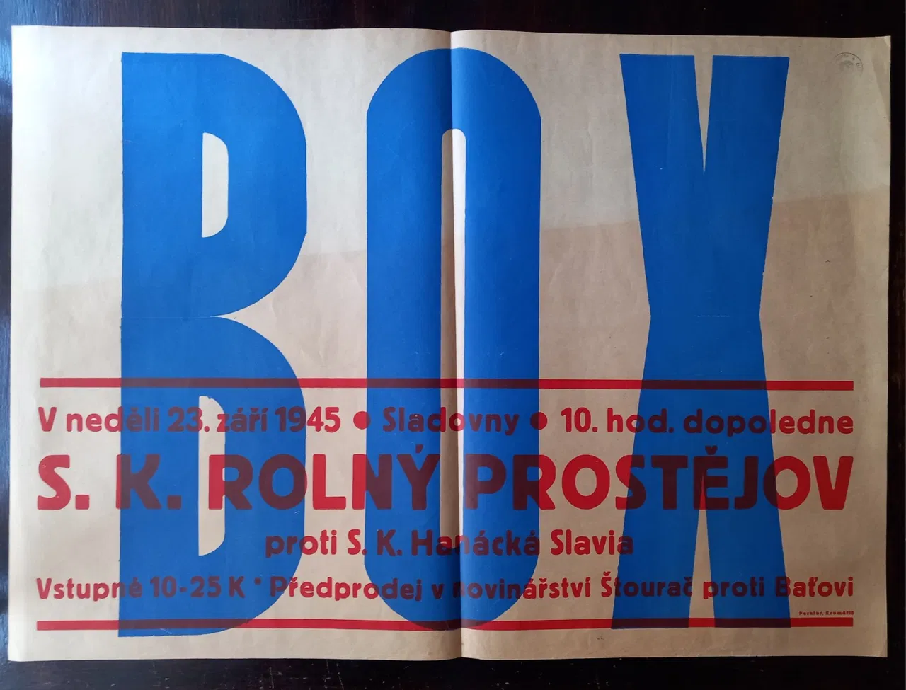 Boxing Poster: S. K. Rolný Prostějov vs. S. K. Hanácká Slavia, 1945