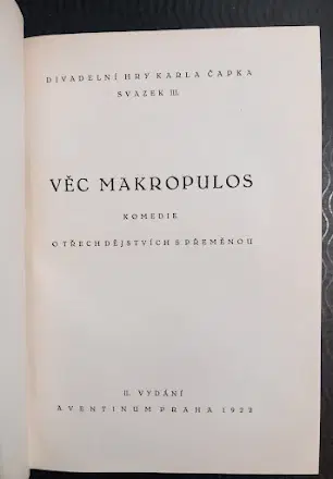 Čapek Makropulos druhé vydání 1922