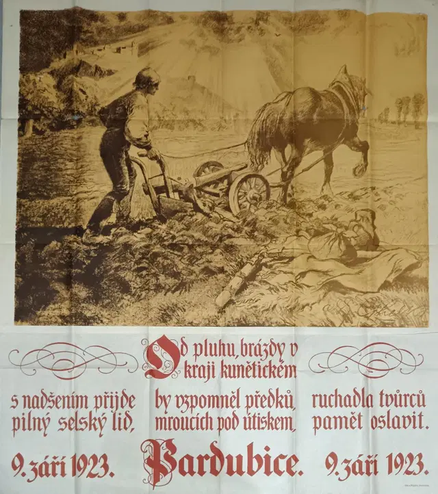 Plakát 1923: "Od pluhu, brázdy v kraji kunětickém", O. Cihelka